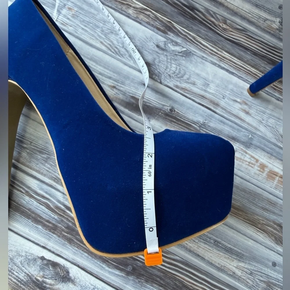 OCHENTA Women's Platform Slip On High Heels Dress Pumps Blue Velvet stilettos